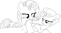 Size: 1280x708 | Tagged: safe, artist:stoic5, derpibooru import, rarity, sweetie belle, pony, unicorn, bed, blanket, female, filly, goodnight, grayscale, lidded eyes, mare, monochrome, mouth hold, on back, sisters, smiling, tucking in
