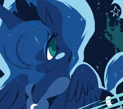 Size: 900x800 | Tagged: safe, artist:clockworkquartet, derpibooru import, princess luna, alicorn, pony, blushing, canterlot, crescent moon, ethereal mane, female, looking at you, mare, moon, night, night sky, sky, smiling, solo, starry mane, starry night, stars, wings