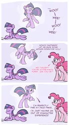 Size: 995x1792 | Tagged: safe, artist:subjectnumber2394, derpibooru import, pinkie pie, twilight sparkle, twilight sparkle (alicorn), alicorn, pony, comic, cute, derp, female, impressions, magic, mare, out of character, pun, smiling, underhoof, visual pun, wat, wide eyes