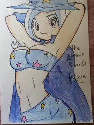 Size: 720x960 | Tagged: armpits, artist:milkitalix, artist:sapphirevision421, belly button, breasts, busty trixie, derpibooru import, female, human, humanized, light skin, midriff, solo, solo female, suggestive, traditional art, trixie, tube top