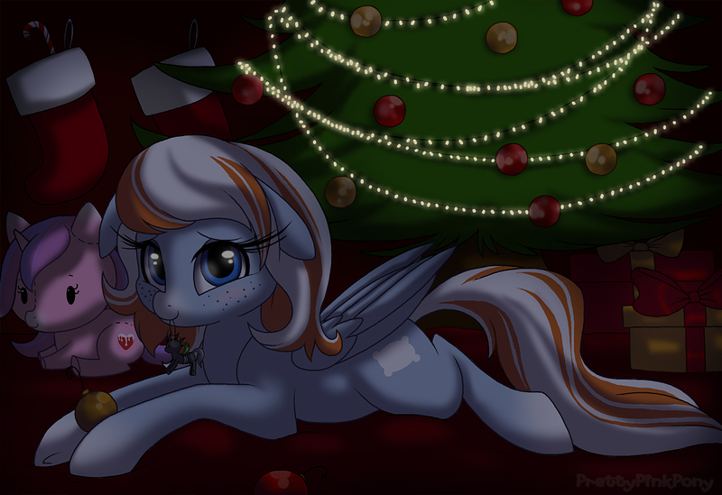 Size: 1186x814 | Tagged: safe, artist:prettypinkpony, derpibooru import, oc, oc:cozy cotton, oc:hearts desire, unofficial characters only, pegasus, pony, christmas, cute, female, freckles, mouth hold, plushie, prone, solo