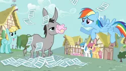 Size: 960x540 | Tagged: safe, derpibooru import, screencap, cletus, dizzy twister, helia, lightning bolt, orange swirl, rainbow dash, white lightning, hybrid, mule, pegasus, pony, hurricane fluttershy, bucktooth, female, male, mare, raincloud