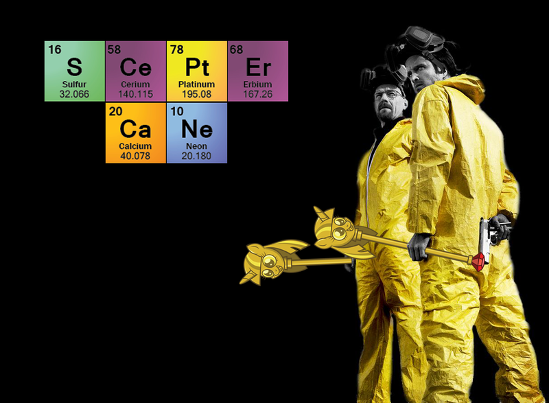 Size: 1226x900 | Tagged: artist:atanarix, breaking bad, calcium, cane, cerium, chemistry, coveralls, derpibooru import, erbium, gun, handgun, jesse pinkman, m1911, neon, periodic table, pistol, platinum, respirator, safe, scepter, sulfur, twilight scepter, walter white, weapon