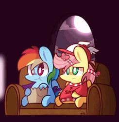 Size: 626x640 | Tagged: animated, artist:lifeloser, baseball cap, bottomless, chibi, clothes, couch, derpibooru import, fluttershy, hat, partial nudity, rainbow dash, safe, sweater, sweatershy, television