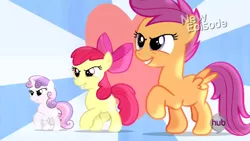 Size: 612x346 | Tagged: apple bloom, cutie mark crusaders, derpibooru import, flight to the finish, hearts as strong as horses, hub logo, safe, scootaloo, screencap, sweetie belle