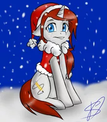 Size: 836x955 | Tagged: safe, artist:renniksarts, derpibooru import, oc, unofficial characters only, pony, unicorn, clothes, freckles, hat, looking at you, santa hat, snow, snowfall, solo