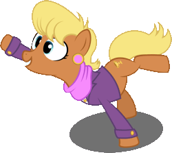 Size: 1149x1024 | Tagged: safe, derpibooru import, ms. harshwhinny, pony, flight to the finish, animated, clothes, dancing, earring, extended trot pose, pointing, shirt, silly, silly pony, simple background, smiling, solo, unprofessional, wat