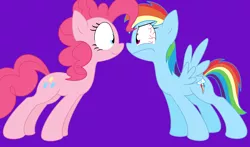 Size: 1996x1176 | Tagged: safe, artist:pupster0071, derpibooru import, pinkie pie, rainbow dash, earth pony, pegasus, pony, duo, looking at each other, purple background, simple background, staring contest
