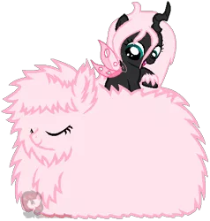 Size: 460x483 | Tagged: artist:ipandacakes, changeling, changeling oc, derpibooru import, eyes closed, heart, hybrid, interspecies offspring, magical lesbian spawn, oc, oc:fluffle puff, oc:pomf puff, offspring, parent:oc:fluffle puff, parent:queen chrysalis, parents:canon x oc, parents:chrysipuff, pink changeling, safe, simple background, transparent background, unofficial characters only, vector