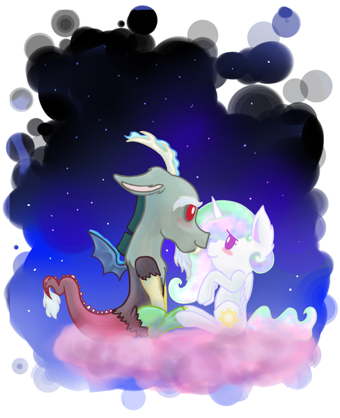 Size: 1750x2150 | Tagged: safe, artist:psychotwi, derpibooru import, discord, princess celestia, chibi, dislestia, female, male, shipping, straight