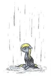 Size: 738x1082 | Tagged: artist:fallenzephyr, derpibooru import, derpy hooves, rain, sad, safe, solo