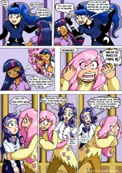 Size: 752x1063 | Tagged: safe, artist:chaoticyume, derpibooru import, fluttershy, princess luna, rarity, twilight sparkle, human, comic, humanized, light skin, moderate dark skin