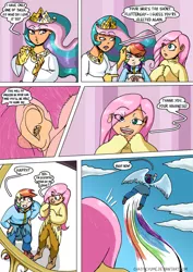 Size: 752x1063 | Tagged: artist:chaoticyume, comic, derpibooru import, fluttershy, human, humanized, light skin, princess celestia, rainbow dash, safe