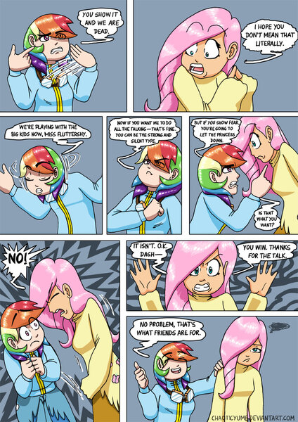 Size: 752x1063 | Tagged: artist:chaoticyume, comic, derpibooru import, fluttershy, human, humanized, light skin, rainbow dash, safe