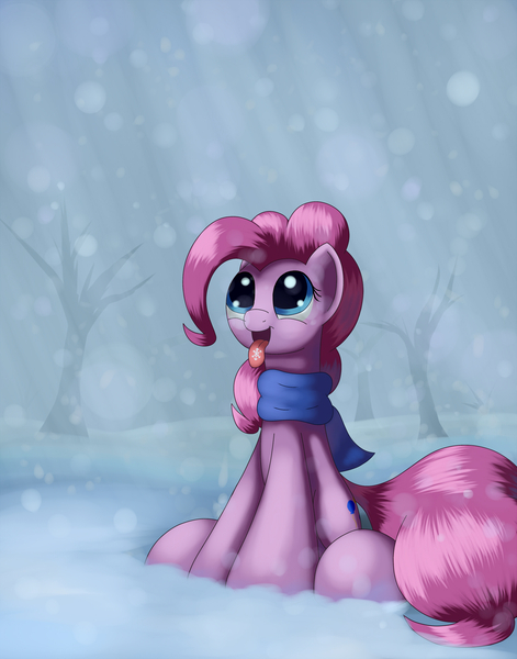 Size: 1650x2100 | Tagged: safe, artist:grennadder, derpibooru import, pinkie pie, clothes, scarf, snow, snowfall, solo, tongue out, tree