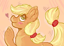 Size: 1400x1000 | Tagged: safe, artist:phewmonster, artist:tinttiyo, derpibooru import, applejack, earth pony, pony, abstract background, blushing, female, hair tie, heart, looking up, mare, missing accessory, smiling, solo, unshorn fetlocks