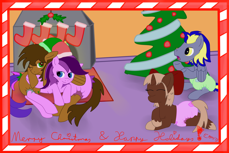 Size: 6750x4500 | Tagged: questionable, artist:emerald rush, derpibooru import, oc, oc:emerald rush, oc:pembroke, oc:stargrazer, oc:tailea, unofficial characters only, pegasus, pony, unicorn, absurd resolution, christmas, christmas tree, diaper, diaper fetish, female, fireplace, lesbian, postcard, tree