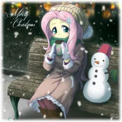Size: 800x800 | Tagged: safe, artist:uotapo, derpibooru import, fluttershy, equestria girls, christmas, clothes, female, hat, mittens, scarf, snow, snowfall, solo, winter, winter outfit