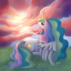 Size: 1000x1000 | Tagged: safe, artist:trefleix, derpibooru import, princess celestia, cloud, cloudy, solo, sun, sunrise