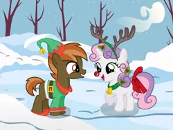 Size: 8000x6041 | Tagged: absurd resolution, artist:medio-cre, artist:steghost, buttonbetes, button mash, cute, derpibooru import, diasweetes, elf, female, male, red nose, reindeer antlers, safe, shipping, snow, snowfall, straight, sweetie belle, sweetiemash