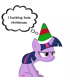 Size: 567x567 | Tagged: angry, artist:pieski, derpibooru import, elf hat, grumpy twilight, hat, safe, solo, speech bubble, twilight sparkle