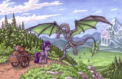 Size: 905x586 | Tagged: safe, artist:choedan-kal, derpibooru import, oc, oc:cork dork, oc:riftwing, unofficial characters only, dragon, earth pony, pony, barrel, canterlot, cart, duo, female, mare, mountain, pine tree, riftwing, scenery, spread wings, tail fin, tree, wings