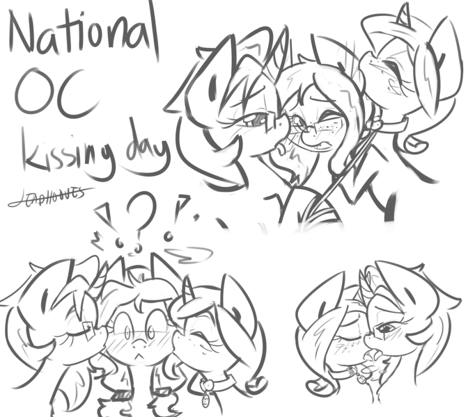 Size: 3300x2902 | Tagged: artist:leadhooves, derpibooru import, female, grayscale, java, kissing, kiss on the cheek, kiss sandwich, lesbian, monochrome, oc, oc:kneaded rubber, oc:succy, sketch dump, suggestive, unofficial characters only