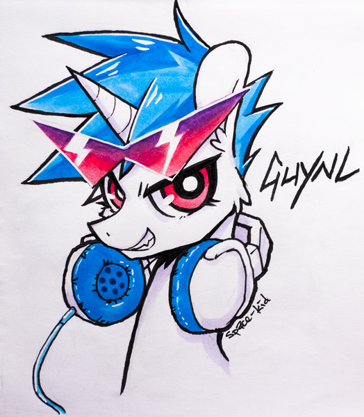 Size: 1117x1280 | Tagged: artist:jopiter, derpibooru import, headphones, kamina sunglasses, record scrape, rule 63, safe, solo, traditional art, vinyl scratch