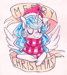 Size: 1138x1280 | Tagged: artist:jopiter, christmas, clothes, dead source, derpibooru import, hat, oc, old banner, safe, santa hat, scarf, snowflake, solo, traditional art, unofficial characters only