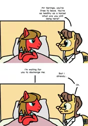Size: 701x1004 | Tagged: safe, artist:thelastgherkin, derpibooru import, doctor horse, doctor stable, oc, oc:cinnabar springs, pony, unicorn, bed, blushing, clothes, comic, implied gay, implied hoofing, male, pillow, stallion
