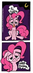 Size: 800x1748 | Tagged: safe, artist:bickcomixx, derpibooru import, pinkie pie, earth pony, pony, comic, dialogue, female, mare, solo, speech bubble, tired, wavy mouth