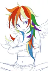 Size: 1181x1748 | Tagged: artist:tomado girl, belly button, derpibooru import, human, humanized, midriff, monochrome, partial color, pixiv, rainbow dash, safe, solo, winged humanization