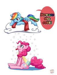 Size: 600x800 | Tagged: safe, artist:norang94, derpibooru import, pinkie pie, rainbow dash, clothes, cloud, female, lesbian, pinkiedash, scarf, shipping, snow, snowfall