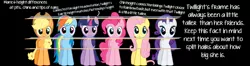 Size: 1750x459 | Tagged: applejack, derpibooru import, fluttershy, height difference, mane six, pinkie pie, rainbow dash, rarity, safe, size chart, size comparison, stare, text, twilight sparkle