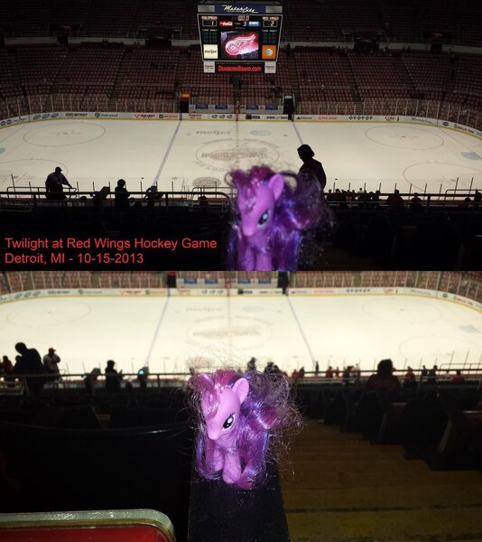 Size: 843x948 | Tagged: safe, artist:cmc-dash, derpibooru import, twilight sparkle, pony, brushable, detroit, detroit red wings, game, hockey, ice, nhl, red wings, scoreboard, seats, sports, toy