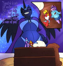 Size: 1500x1557 | Tagged: suggestive, artist:sheela, derpibooru import, nightmare moon, oc, anthro, pegasus, unicorn, breasts, cake, clothes, giant anthro, giantess, heightmare moon, implied vore, macro, nightmare night