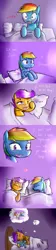 Size: 800x3600 | Tagged: safe, artist:starykrow, derpibooru import, rainbow dash, scootaloo, ask the cmc, bed, dream, female, heart, image, jpeg, lesbian, plushie, scootadash, shipping, sleeping, tumblr