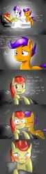 Size: 800x3000 | Tagged: apple bloom, artist:starykrow, ask the cmc, bed, blushing, cutie mark crusaders, derpibooru import, female, kissing, lesbian, safe, scootabloom, scootaloo, shipping, sweetie belle, tumblr