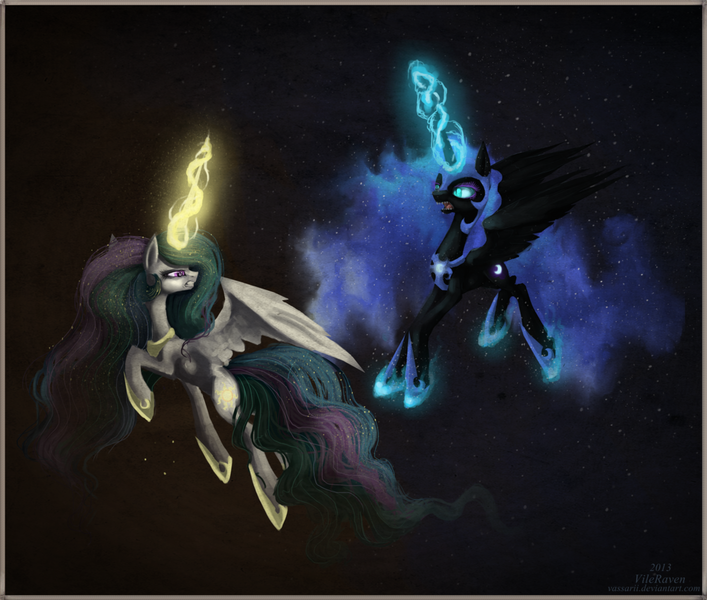 Size: 1024x869 | Tagged: artist:vongrell, dark, derpibooru import, fight, flying, glow, magic, nightmare moon, princess celestia, safe, scene interpretation