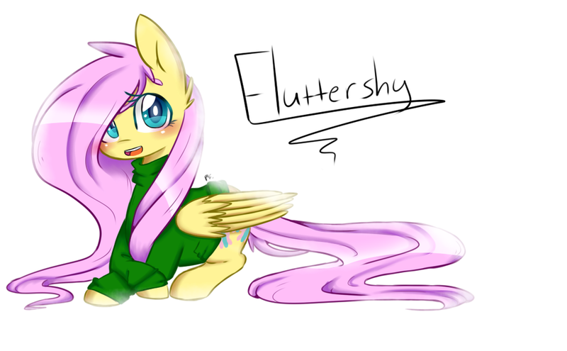 Size: 1024x633 | Tagged: artist:chibimlp-lover, blushing, clothes, fluttershy, safe, simple background, solo, sweater, sweatershy