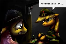 Size: 1095x730 | Tagged: safe, artist:duh-veed, derpibooru import, applejack, fluttershy, earth pony, pegasus, pony, arstotzka, crossover, crying, denied, inspector, papers please