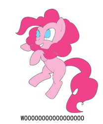 Size: 350x420 | Tagged: safe, artist:yottawatt, derpibooru import, pinkie pie, pony, animated, blank flank, caption, silly, silly pony, simple background, smiling, solo, spinning