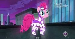 Size: 1151x607 | Tagged: clothes, costume, derpibooru import, fili-second, first, hubble, hub logo, meme, pinkie pie, power ponies, power ponies (episode), safe, screencap, solo, the hub, youtube caption