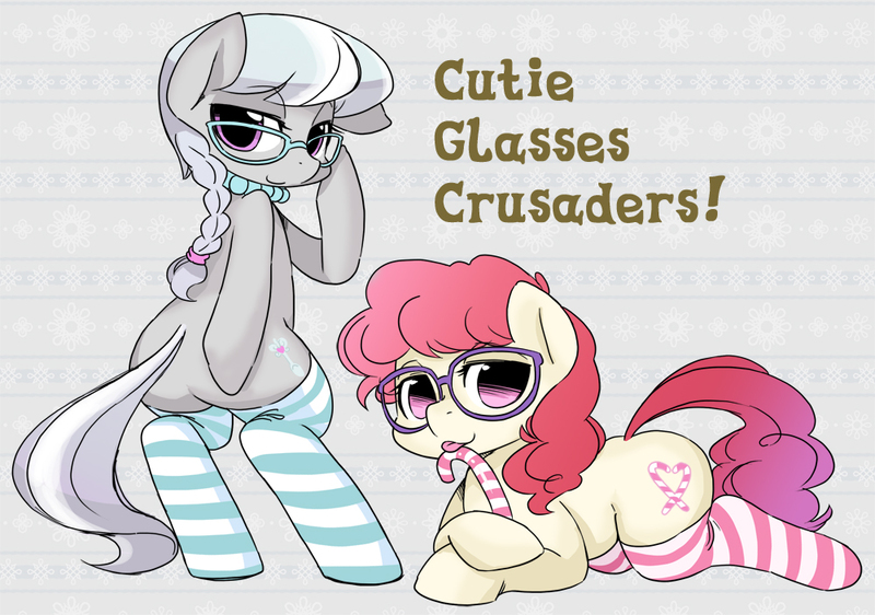 Size: 1000x703 | Tagged: suggestive, artist:shepherd0821, derpibooru import, silver spoon, twist, earth pony, pony, candy cane, clothes, female, filly, glasses, jewelry, licking, necklace, pearl necklace, plot, sexy, silvertwist, smiling, socks, stockings, striped socks, tongue out