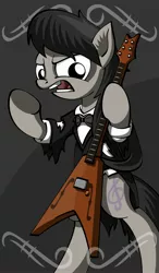 Size: 1573x2690 | Tagged: safe, artist:friendshipismetal777, derpibooru import, pony, bipedal, clothes, death metal, fleshgod apocalypse, guitar, metal, rocktavia, solo, tuxedo