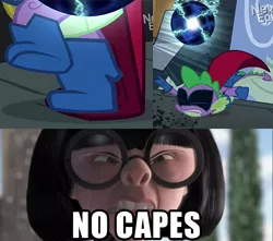 Size: 600x530 | Tagged: cape, caption, clothes, derpibooru import, edna mode, humdrum, meme, no capes, power ponies, safe, spike, the incredibles