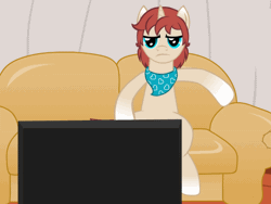 Size: 500x375 | Tagged: safe, artist:aha-mccoy, derpibooru import, oc, oc:corel, unofficial characters only, pony, unicorn, couch, gradient hooves, male, neckerchief, rule 63, scratching, solo, stallion, television