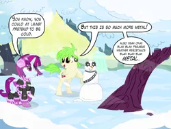 Size: 1280x960 | Tagged: safe, artist:violetclm, derpibooru import, cherry crash, mystery mint, ponified, pony, equestria girls, background human, carrot, clothes, dialogue, earmuffs, equestria girls ponified, kiss (band), scarf, shimmer six, snow, snowman, speech bubble