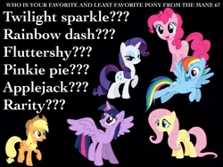 Size: 960x720 | Tagged: applejack, derpibooru import, favorite pony, fluttershy, least favorite pony, mane six, meme, pinkie pie, rainbow dash, rarity, safe, text, twilight sparkle, twilight sparkle (alicorn), what is a forum?