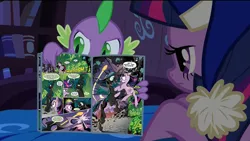 Size: 1280x720 | Tagged: safe, derpibooru import, idw, queen chrysalis, spike, twilight sparkle, twilight sparkle (alicorn), alicorn, changeling, changeling queen, dragon, pony, unicorn, book, comic, comic book, comic book meme, female, male, mare, unicorn twilight